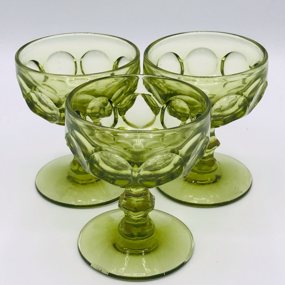 Vintage 3 Imperial Glass Provincial green Thumbprint dessert sherbet glasses.
